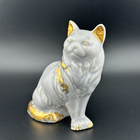 Vintage Porcelain Hand-painted Gold on Gray Sitting Cat Figurine 4.25" H - Picture 3 of 10